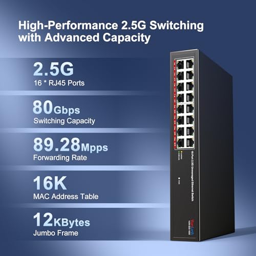 Image of 16 Port 2.5G Ethernet Switch Unmanaged, VunLink 16x2.5Gbps RJ45 Ports Network Switch, Plug & Play, 100 /1000 /2500Mbps, Desktop /Rackmount, Fanless Metal Design for NAS, PC, AP, Office Network