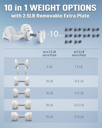 Image of BYZOOM FITNESS Pure Series Adjustable Dumbbell - 12.5 /25 /27.5 /50 /55 /75lb - ONE UNIT OR PAIR(check QTY before purchase) - 5-in-1 / 10-in-1 / 15-in-1 / 21-in-1 Flexible Hand Weights for Home Apartment Garage Gym, Strength Training & Fitness Workouts, White OR Black
