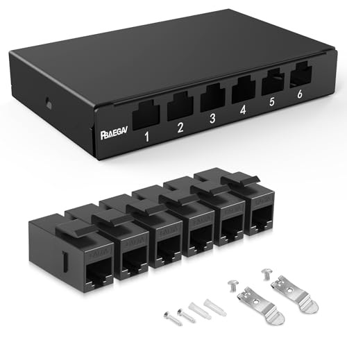 PBAEGAV Patch Panel 6 Port 0.5U with Inline Cat6A Keystone Jack【EC Listed】 10G Support STP 10 Inch for Cat6A,Cat6,Cat5e (with Cat6A Keystone Jack Shielded)