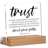 Christian Bible Verse Gifts for Women Men, Proverbs Trust in The Lord Scripture Quote Acrylic Plaque Sign With Wooden Stand, Religious Faith Home Office Decor 4x4 Inch