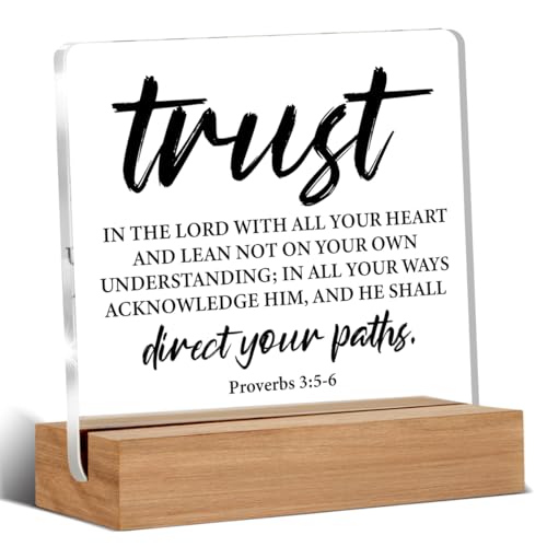 Christian Bible Verse Gifts for Women Men, Proverbs Trust in The Lord Scripture Quote Acrylic Plaque Sign With Wooden Stand, Religious Faith Home Office Decor 4x4 Inch