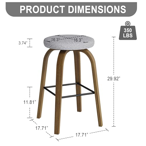 Set de 2 Butacos giratorios, Altura mostrador 30′′, Asiento tapizado en tela gris claro, Patas de madera resistentes y reposapiés metálico, Diseño moderno de mediados de siglo miniatura 2
