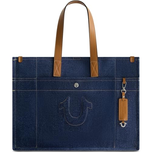 Image of True Religion Women's Large Tote Bag, Stitched Horseshoe Canvas Travel Carryall Shoulder Handbag