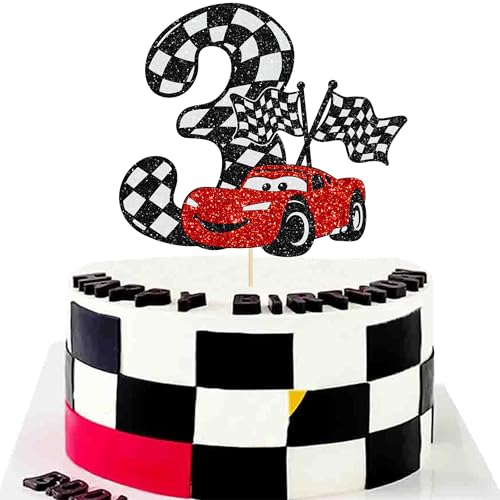 Gyufise 1 decoración para tarta de 3º coche de carreras, decoración para tarta de cumpleaños con purpurina para coche de carreras, bandera a cuadros, suministros para fiesta de cumpleaños de 3 años