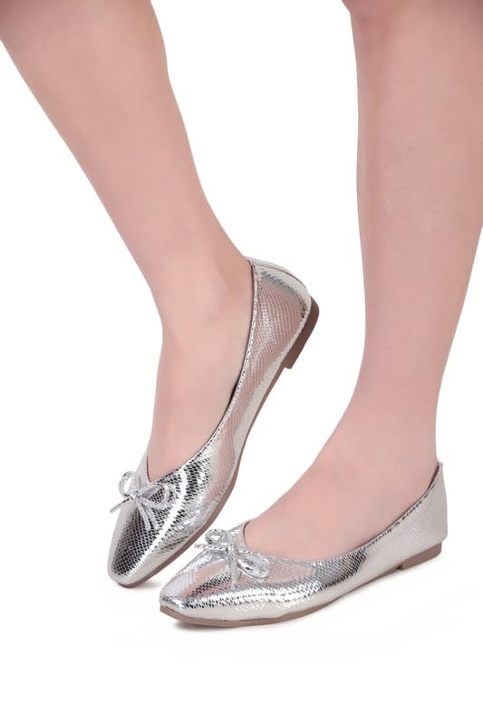 Image of Women's Gold Ballet Flats | Pointed Toe Metallic Dress Shoes with Bow Detail | Comfortable Slip On Flat Shoes for Wedding, Party, Office & Formal Events