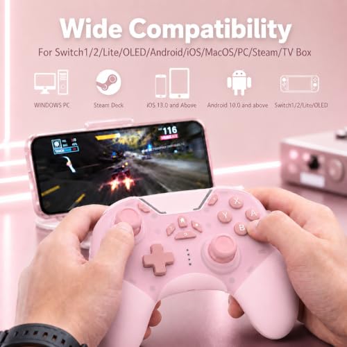 Image of aghi Hall Effect Wireless Gaming Controller with Phone Clip | for iPhone /Android /PC /Steam /TV /Switch /Switch 2 with Hall Joysticks, Lock Speed, Macro, 6-Axis Gyro, Vibration, Turbo, Pink