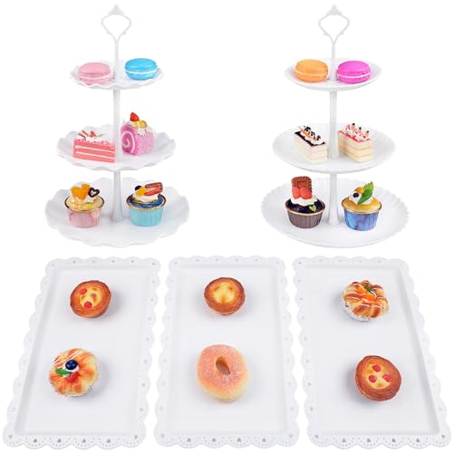 Set di 2 alzate per cupcake in plastica a 3 livelli, colore bianco, per cupcake, dessert, caramelle, con pilastro in metallo, riutilizzabili, per feste, matrimoni, compleanni