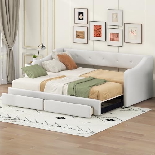 Twin XL to King Size Upholstered Daybed Frame with 2 Storage Drawers, Sofa Bed with Pop-up Trundle, Extendable Daybed with Buttoned Back for Bedroom, No Box-Spring Needed, Slat Support, Beige