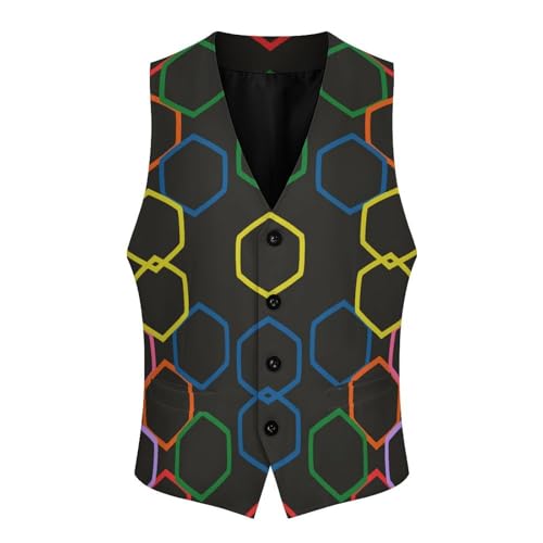 Colorful Hexagons And Black Men's Suit Vest Slim Fit V-Ncek Waistcoat Business Casual Vest4