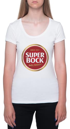 Super Bock Since 1927 Logo Camiseta Blanca para Mujeres De Manga Corta con Cuello Redondo White T-Shirt Womens