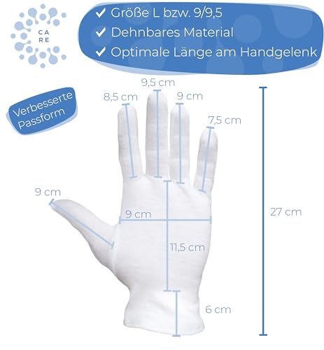 Baumwollhandschuhe aus 100% Baumwolle (Dermatest: Sehr gut), Weiße Handschuhe, Weiche Textilhandschuhe für Handmasken, Stoffhandschuhe mit zertifizierter Hautverträglichkeit, 3er Pack