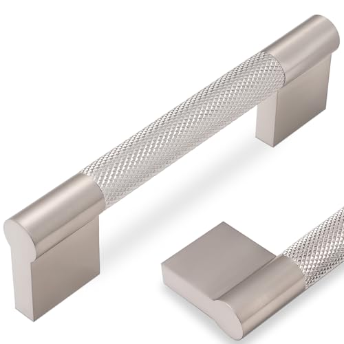 POVEFONK 10 Pack 3-3/4 inch(96mm) Brushed Satin Nickel Kitchen Cabinet Handles Knurled Cabinet Pulls Drawer Pulls Kitchen Hardware