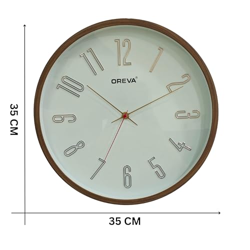 Image of OREVA 14 Inch Round Fancy Embossed Number Dial Contemporary Stylish Quartz Clocks Modern Analog Silent Wall Clock for Living Room Bedroom Home Decor Office AQ-9477SS (D Wood)