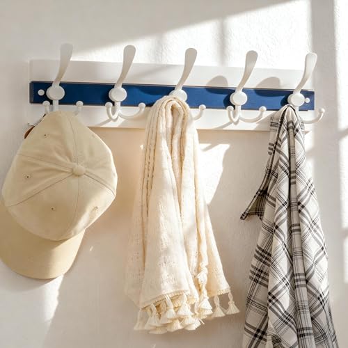 Image of SKOLOO Coastal Wall Mounted Coat Rack - 16-7 /8 inch Beach House Entryway Wooden Coat Hook with 5 Hooks for Hanging Coats, Hats or Towels, Oceanfront Cottage Core Collection, White & Blue, Pack of 2