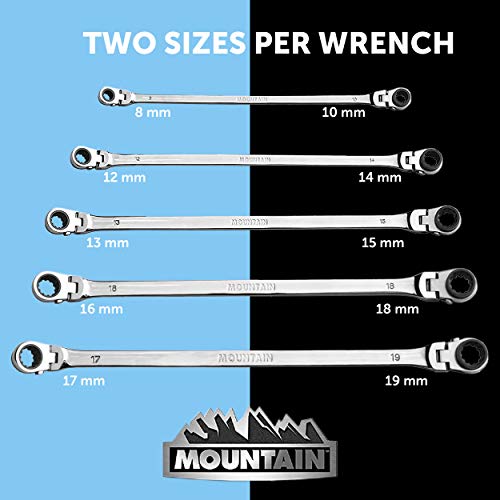 Mountain 5-Piece Metric Double Box Universal Spline Reversible Ratcheting Wrench Set; 8 mm - 18mm, 90 Tooth Design, Long, Flexible, Reversible; MTNRM6