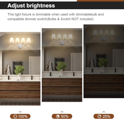 Image of Bathroom Vanity Light Brushed Nickel Bathroom Lighting Fixtures Over Mirror | 4-Light Bathroom Light Fixtures with Flared White Fabric Shade, E26 Socket (ETL Listed)