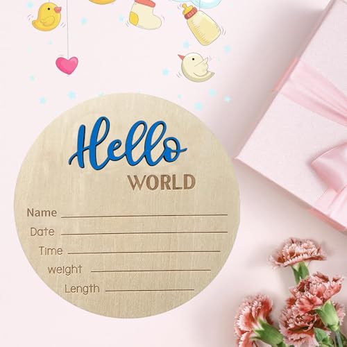 Image of Baby Announcement Sign, ​5.9 Inch Wooden Hello World Newborn Signs, Birth Announcement Sign, Baby Shower Hospital Nursery for Newborn Boys and Girls (Blue)