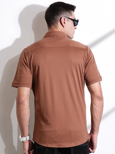 Image of Thomas Scott Men's | Solid | Half Sleeve | Slim Fit | Cotton Blend | Double Flap Pocket | Spread Collar | Casual Shirt