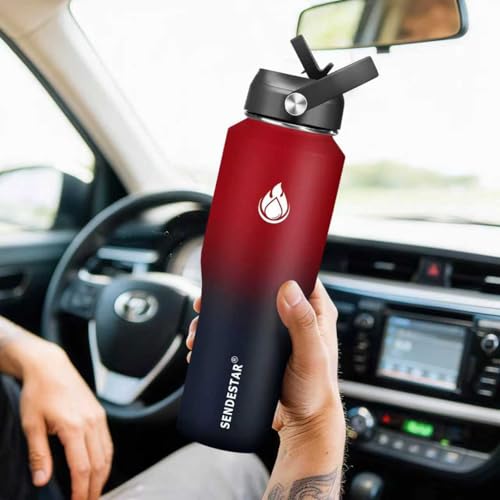 Image of SENDESTAR 32oz Water Bottle Wide Mouth Stainless Steel Vacuum Insulated Double Wall with 2 Straw Lids Fit in Any Car Cup Holder