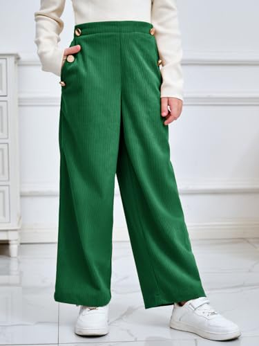 Image of Haloumoning Girls Wide Leg Corduroy Pants Kids Elastic Waist Gold Button Trousers with Pockets 5-14 Years