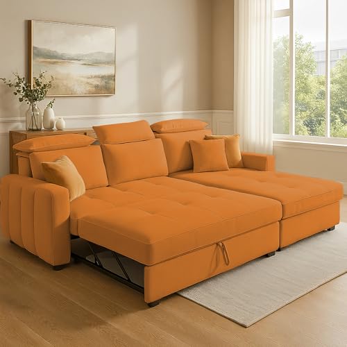 Image of Casaliving Gagnon RHS 4 Seater L Shape Corner Sofa Cum Bed for Living Room (Orange Fabric) Premium Fabric Sofa