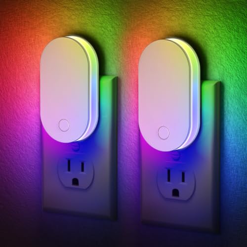 Image of Briignite Plug in Night Light, RGB Night Lights Plug into Wall 2 Pack | Nightlights with Foldable Plug, Dusk to Dawn Light Sensor with Multi Lighting Modes, Color Changing Night Light for Bathroom