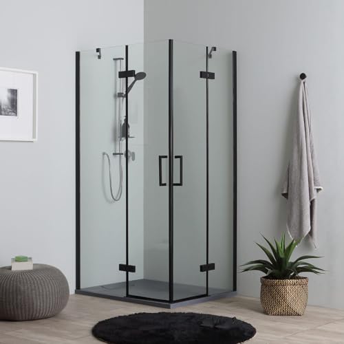 Kiamami Valentina - Box doccia 80x100 reversibile nero opaco con due porte battenti in cristallo | London