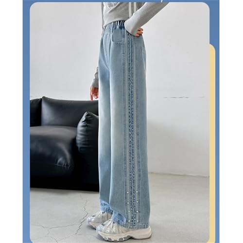 NSQFKALLGirls Basic Jeans Elastic High Waist Baggy Straight Leg Denim Pants with Pockets 5 to 16 Years3