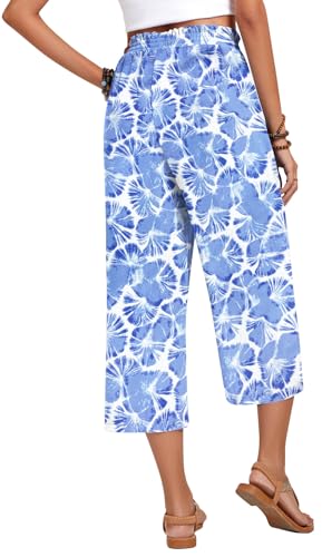 Anyhold Womens Plus Size Capri Pants Loose High Waisted Wide Leg Lounge Pants Drawstring Casual Palazzo Trousers with Pockets 2X-Large, Tie-Dye Blue4