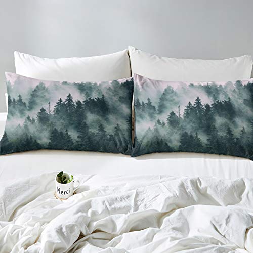 Smoky Mountain Duvet Cover Set Forest Trees Plants Bedding Set Natural Scenery Comforter Cover for Men Adults Landscape Painting Quilt Cover Woodland Decor Bedroom Collection 3Pcs Double Size - Image 3