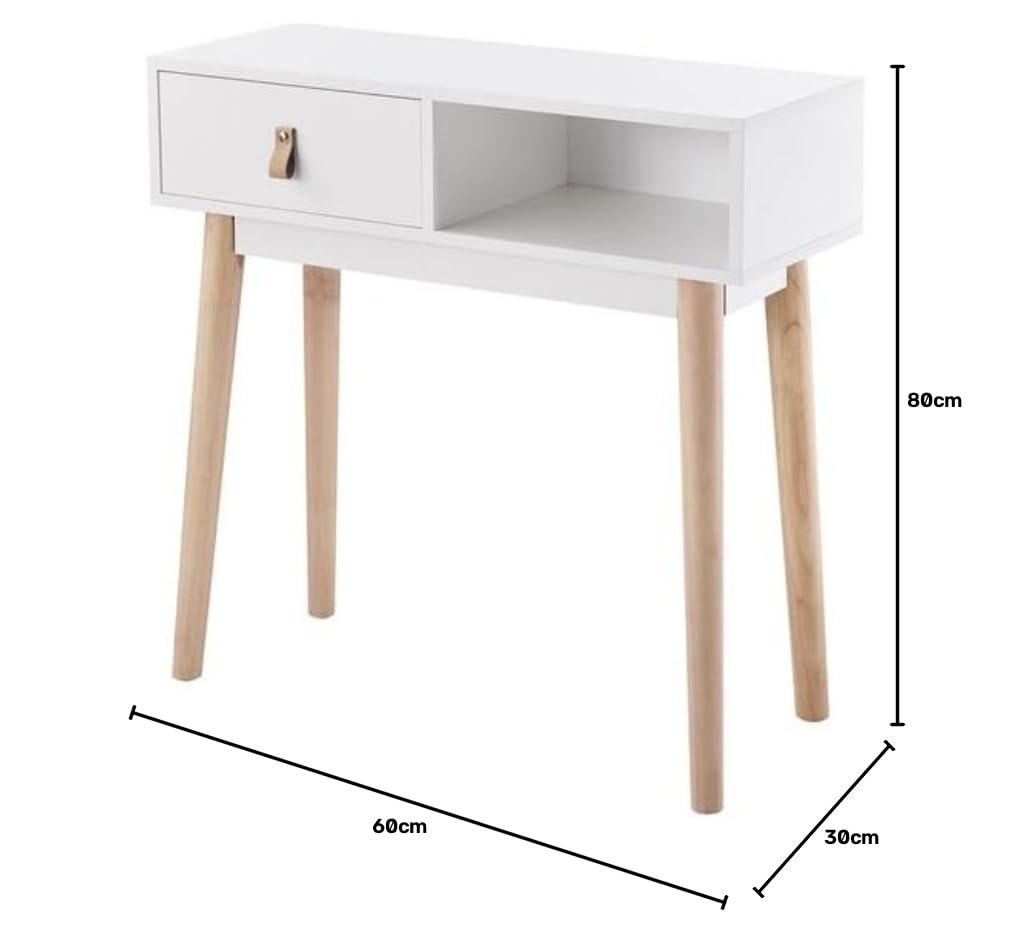 Recibidor Blanco con 1 Cajón y Patas de Madera de Haya – 80x30x60 cm – Consola Moderna de Entrada con Tirador en Símil Cuero