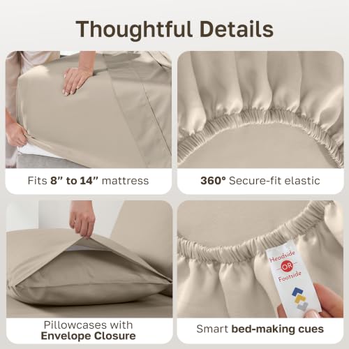 Image of California Design Den Natural 100% Cotton Sheets Full Size Bed Set with Deep Pockets - Soft Sateen Weave, Durable Full Size Bed Sheets Beige (Warm Taupe)
