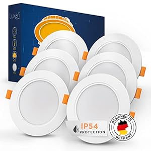 Luxari Spot LED encastrable 230V plat – Lampes LED encastrables rayonnantes [set de 6 lampes 9W] – Spot LED pour salle de bain [3000K blanc chaud] – Spot de plafond – IP54