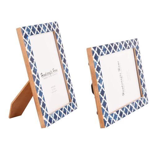 Image of Handicrafts Home Blue & White Vintage Photo Frames for Wall or Tabletop Display, 5x7 Picture Frame Set of 2,Boho Farmhouse Gallery Wall Frame Set, Artisan Handmade Home Decor, Handmade Moroccan Frame