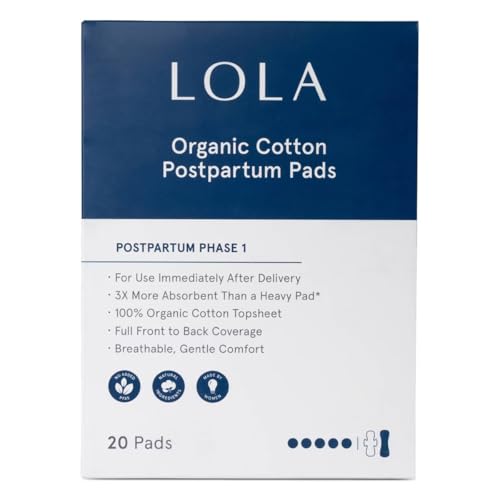 Image of LOLA Organic Cotton Postpartum Pads - 20 Count, Ultra Absorbent and Extra Long Pads, Overnight and Full Coverage, Adult Incontinence Pad for Women, Postpartum Essentials