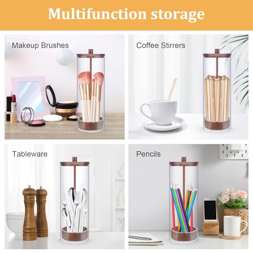 JYPS 10-Inch Acrylic Straw Dispenser with Bamboo Lid with 100 Colorful Straws,Transparent Counter Container Countertop Organizer for Kitchen,Office,Cabinet Storage, Holds Pencils, Cutlery(Dark brown)