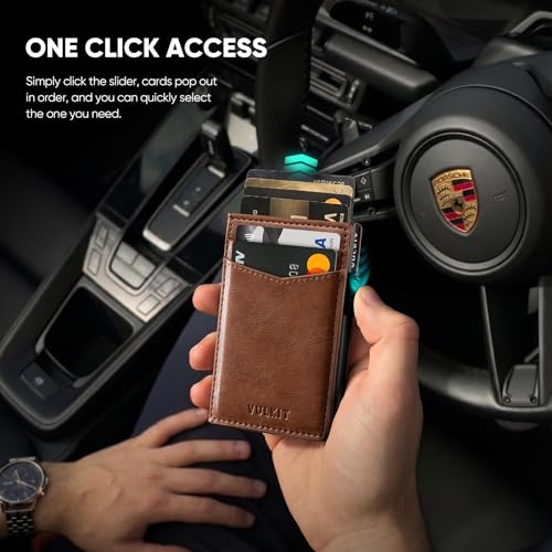 Image of VULKIT Men's Slim Wallets Pop Up Card Holder RFID Blocking Metal Wallet Minimalist Design Holds Up to 11 Cards, Classic Brown, One Size, Minimalist
