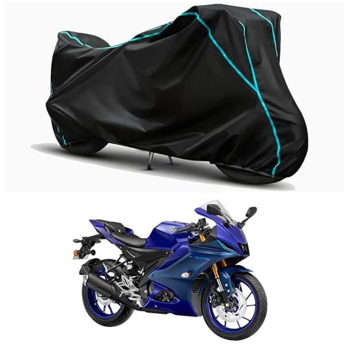 Image of Waterproof Bike Body Cover Compatible for | Yamaha R15 V4 Racing | Taffeta Fabric, Sky Piping Design, Bottom Elastic Fit | Dustproof, Sun UV & Rain Protection for All Weather.