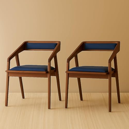 Image of Set of 2 Blue Upholstered Wooden Cafe Chairs, Solid Sheesham Wood Arm Chairs for Living Room