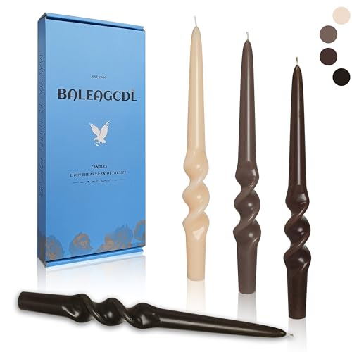 Image of Gradient Brown Smokeless Candles Handmade Twisted Taper Candle 9.5 Inch Long Spiral Candlesticks Dinner Unscented Candles for Holiday Wedding Party Home Decor 4 Pcs