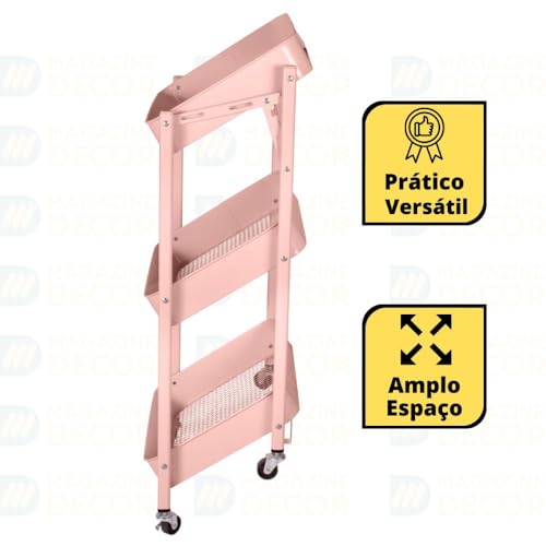 Carrinho Multiuso Organizador Dobrável com 3 Prateleiras - Rosa