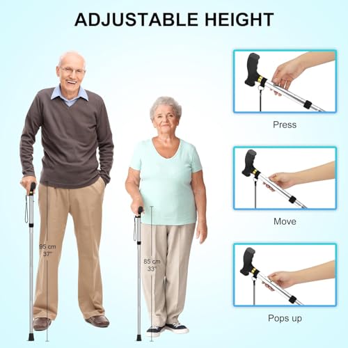 Image of Dr Care 4 Folding Walking Stick for Old Age | Aluminum | Adjustable Height 85-95 cm | Lightweight | Anti Slip | Ergonomic Handle | Rubber Tip | Wrist Strap (Silver)