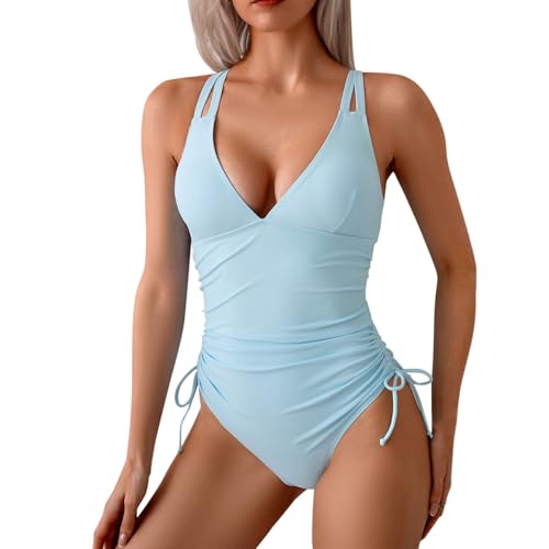 Maillot de bain une pièce femme uni décolleté V extensible maillot avec jupette