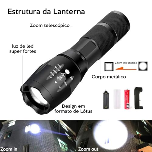Lanterna Tática X900 com LED Ultra Brilhante, Recarregável, Alta Potência, 5 Modos de Iluminação, Re
