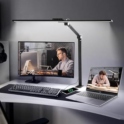 ilumeplay LED Desk Lamps for Home Office 24W Double Head with USB Charging Port and Plug,Modern Architect Table Light with Clamp 5CCT Color Changing Dimmable for Reading Study 31.5Inch Balck