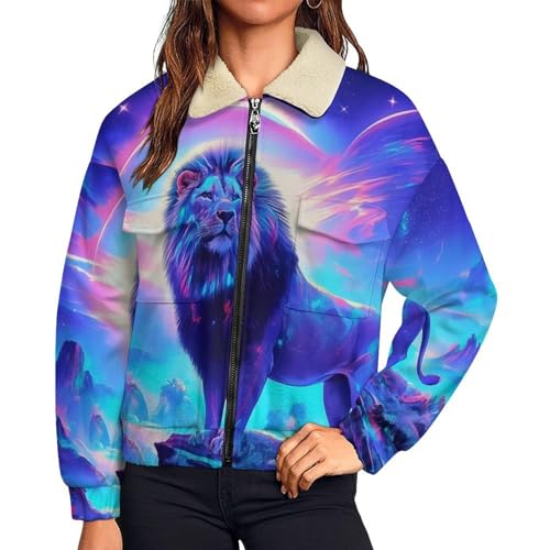 Manteau en peluche femme col revers veste polaire hiver imprimé lion