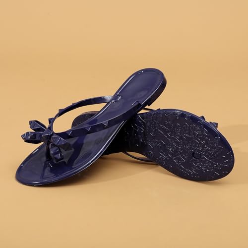 Image of Studded Jelly Shoes for Womens Bow Flip Flops Jellies Sandals Flat Black Summer Beach Thong with Rivets Strappy Slides Slip On
