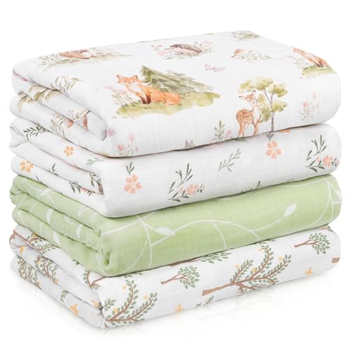 Image of Civarua Kids Muslin Swaddle Blankets for Newborn, 4 Pack Cotton Baby Blankets Neutral, Large 31.5 x 43.3 Breathable Soft Receiving Blanket, Essentials Swaddle Wrap Burping Clothes, Green Jungle Animal