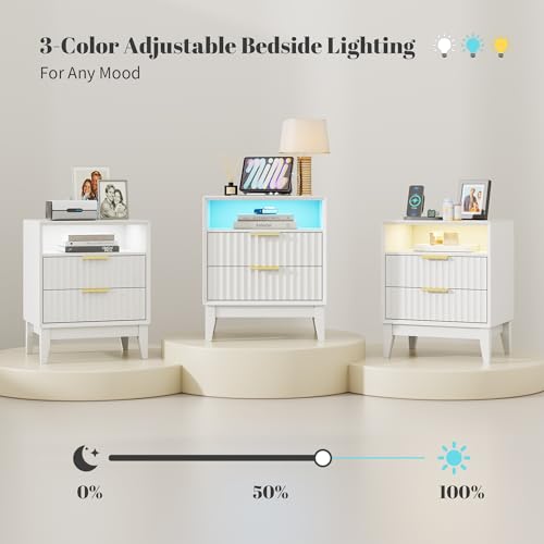 LVSOMT Table de nuit cannelée de 6,1 m, table de nuit avec station de charge et lumières LED, tiroir caché à serrure RFID, table de chevet moderne du milieu du siècle pour chambre à coucher, 2 tiroirs – vue 7
