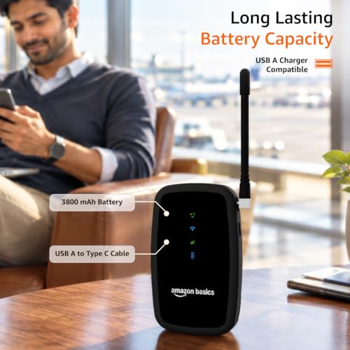 Image of Amazon Basics 4G LTE Wireless Dongle with Antenna, 3800 mAh Rechargeable Battery, All Network SIM Support, Up to 150 Mbps 2.4 GHz Wi-Fi for up to 8 Devices, SD Card Slot, Type-C Charging (Black)